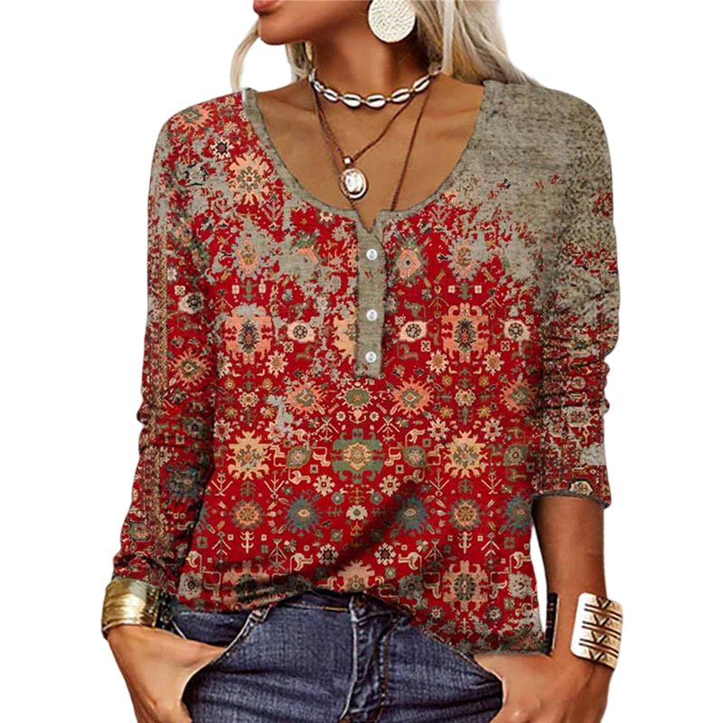 Long-sleeved U-neck Top with Buttons