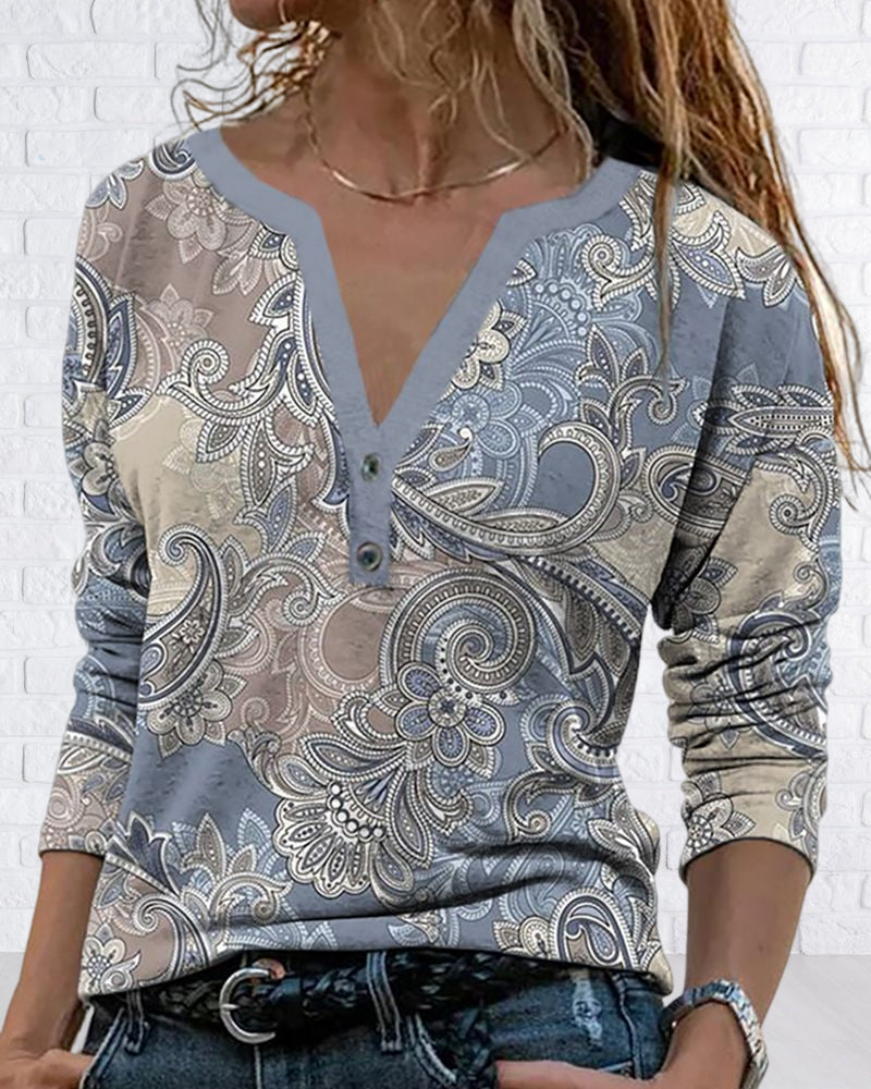 Long Sleeve Paisley Top with V-neck