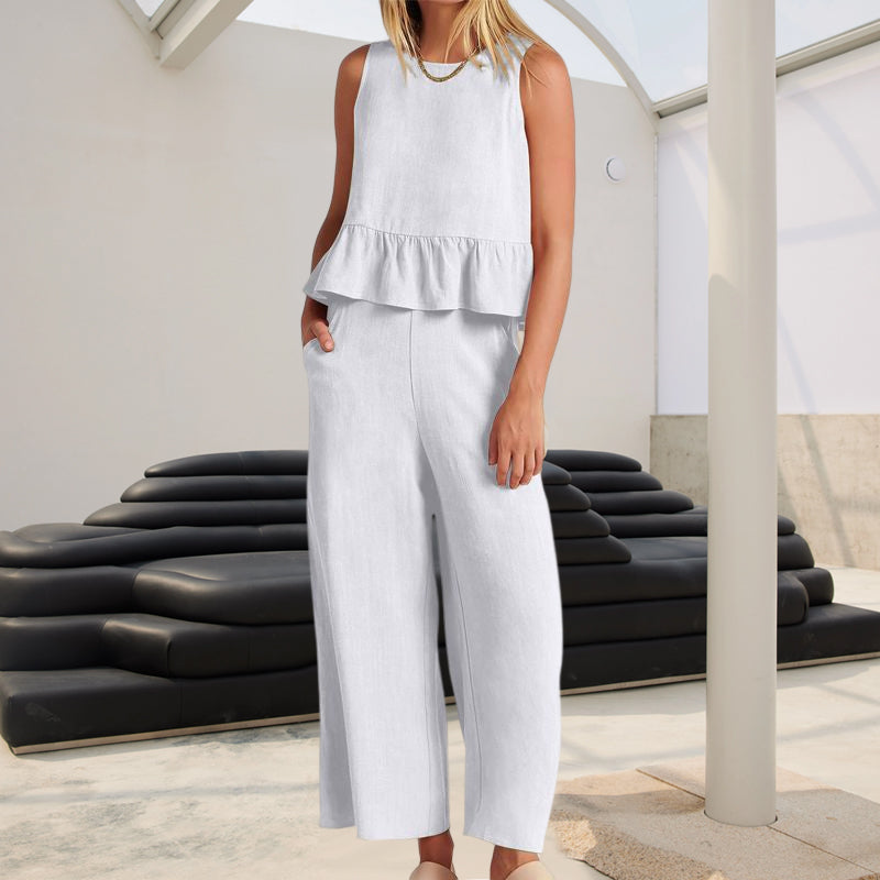 Women Sleeveless pleated tank top wide leg pants set