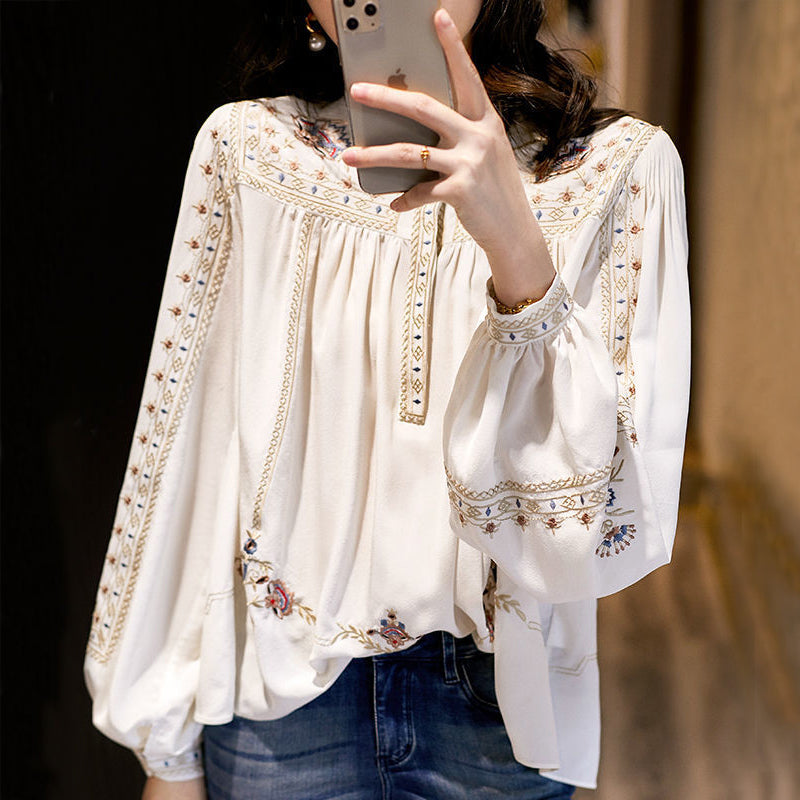 Elegant White Top Quality Embroideried Chiffon Blouse