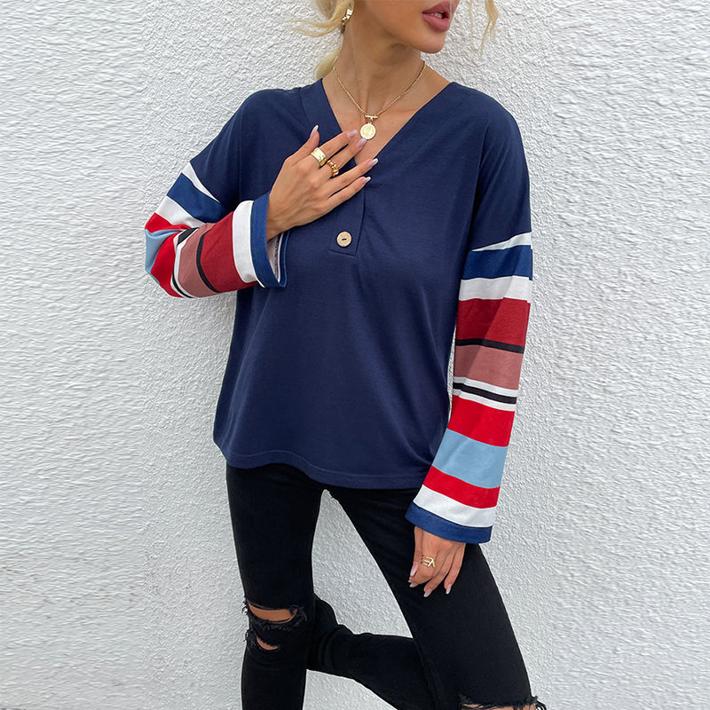 V-Neck Striped Sleeve Top