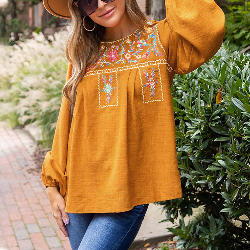 Ethnic Puff Sleeve Loose Crew Neck Pullover Top