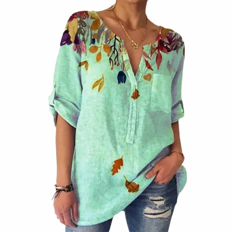 Loose Print V-Neck 3/4 Sleeve Shirt
