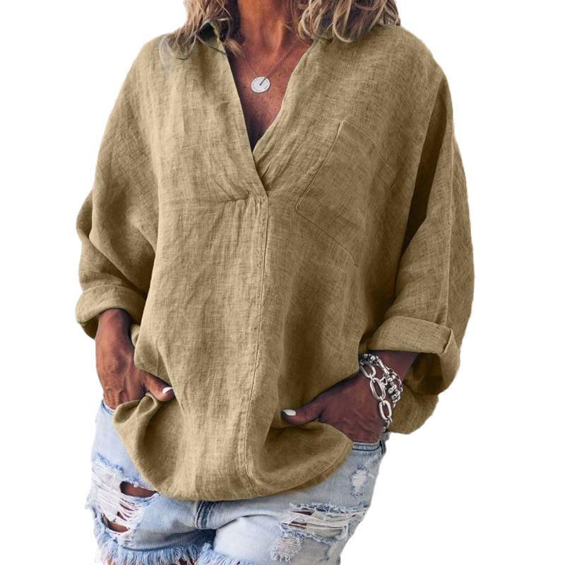 Oversized Loose Long Sleeve V-Neck Linen Shirt