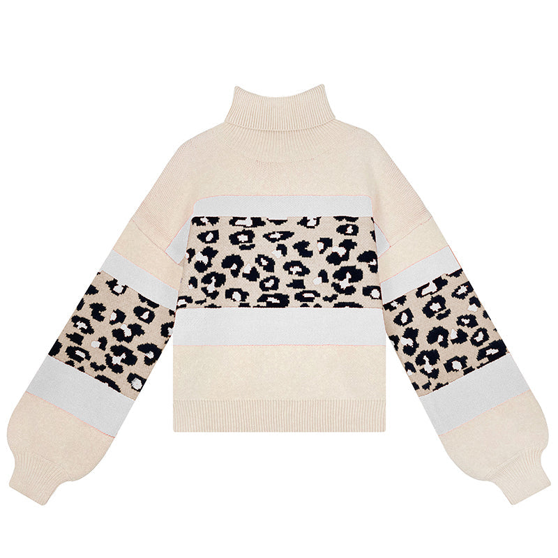 Turtleneck Leopard Print Colorblock Knitted Sweater