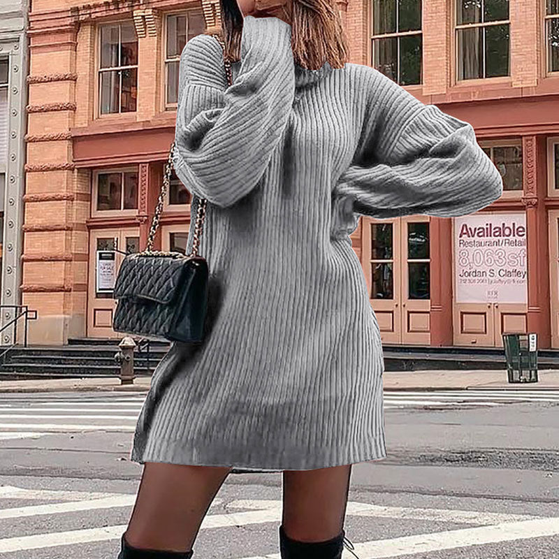 Women's Turtleneck Knit Long Sleeve Chunky Loose Sweater Dress