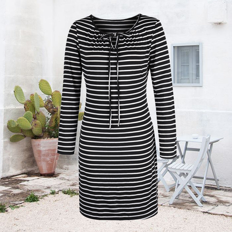 Cord Tie Striped Long Sleeve Dress