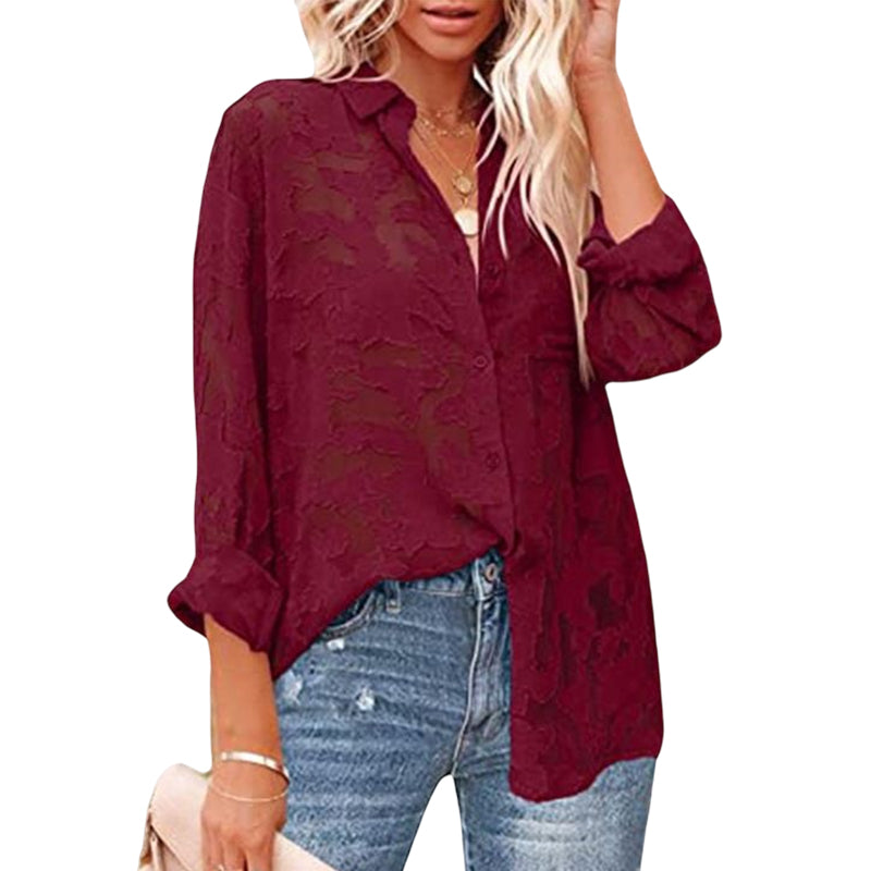 Solid Color Cutout Chiffon Jacquard Button Long Sleeve Shirt