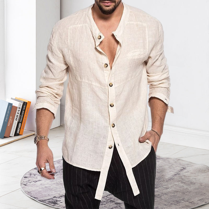 Stand Collar Linen Long Sleeve Shirt