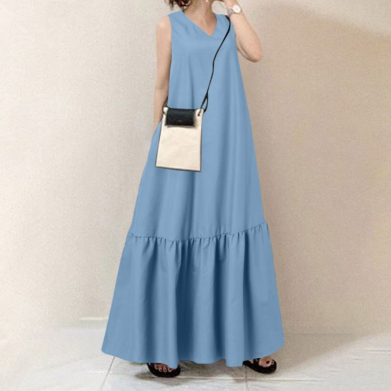 V-Neck Solid Color Sleeveless Pocket Long Dress