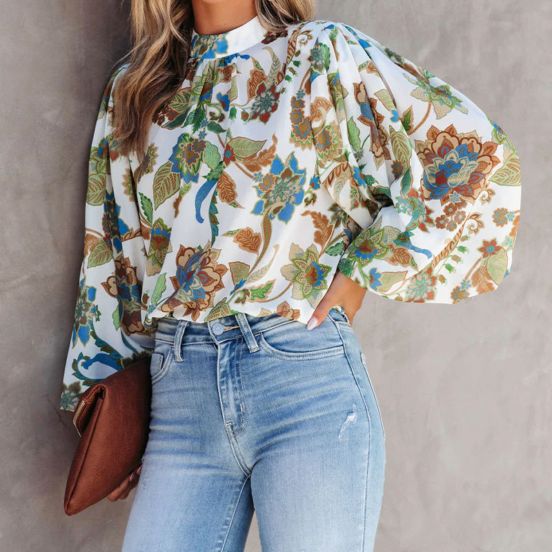 Stand Collar Balloon Sleeve Shirt