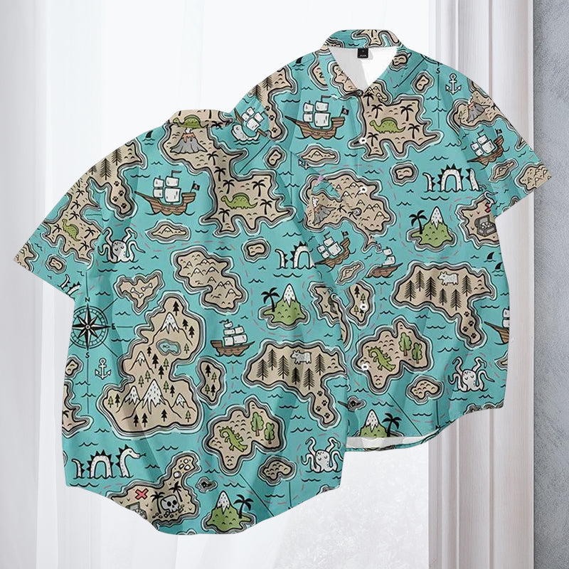 Men's Casual Vintage Map Printed Large Shirt