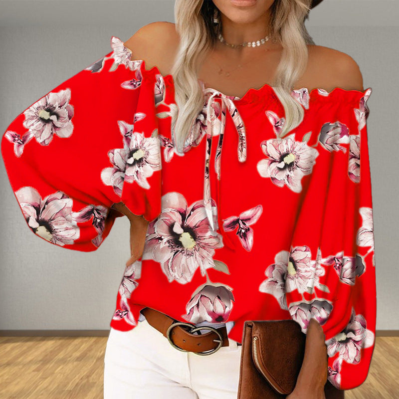 One-Line Neck Loose Print Top