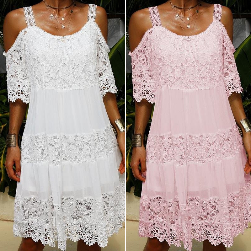 Lace Solid Shift Cold Shoulder Short Sleeves Midi Elegant Dresses