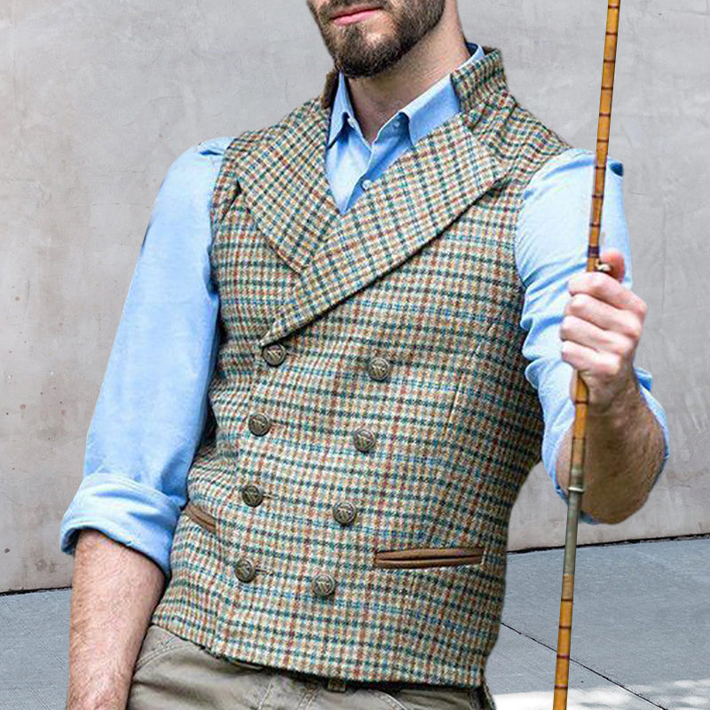Check Double-Breasted Suit Collar Slim Cargo Vest