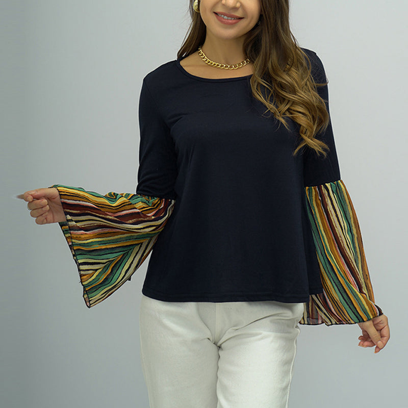 Ladies Patchwork Striped Long Sleeve Top