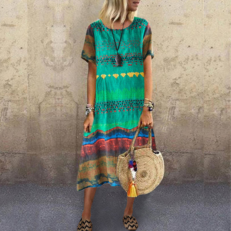 Vintage Ethnic Print Round Neck Dress