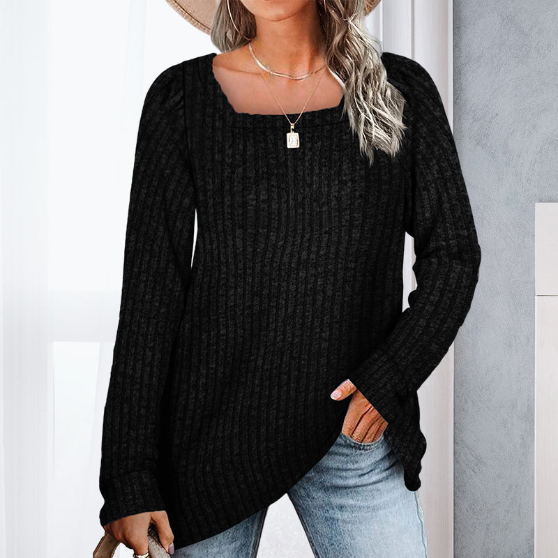 Square Neck Pit Strip Brushed Casual Sweater
