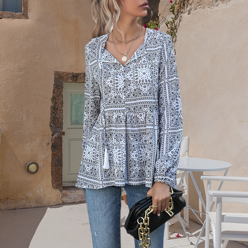 Women's Long-sleeved Printed V-neck Fringed Shirt