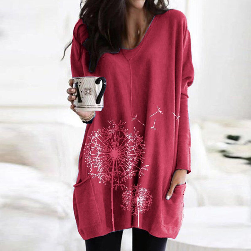 Women's Round Neck Printing Long-sleeved Top Sweater