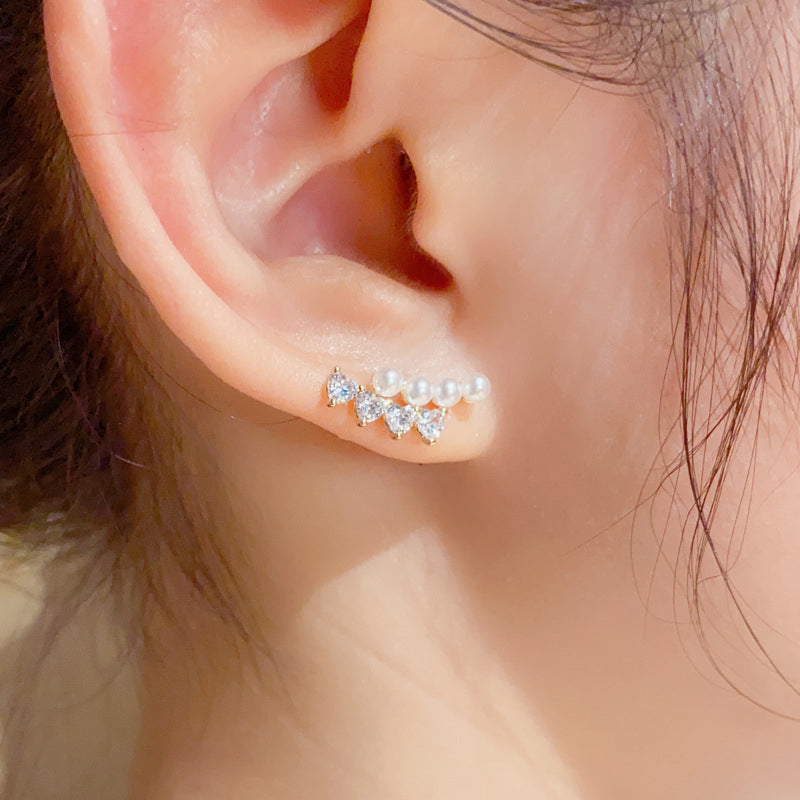 Simple Peral Curved Two-way Tassel Stud Earring