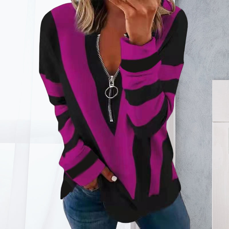 Zip V-neck Long Sleeve T-Shirt