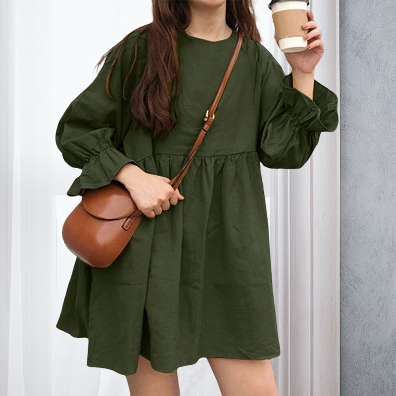 Long Sleeve Pleated Mini Cotton Linen Dress