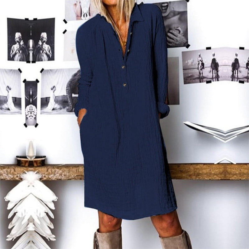 Solid Color Lapel Long Sleeve Dress