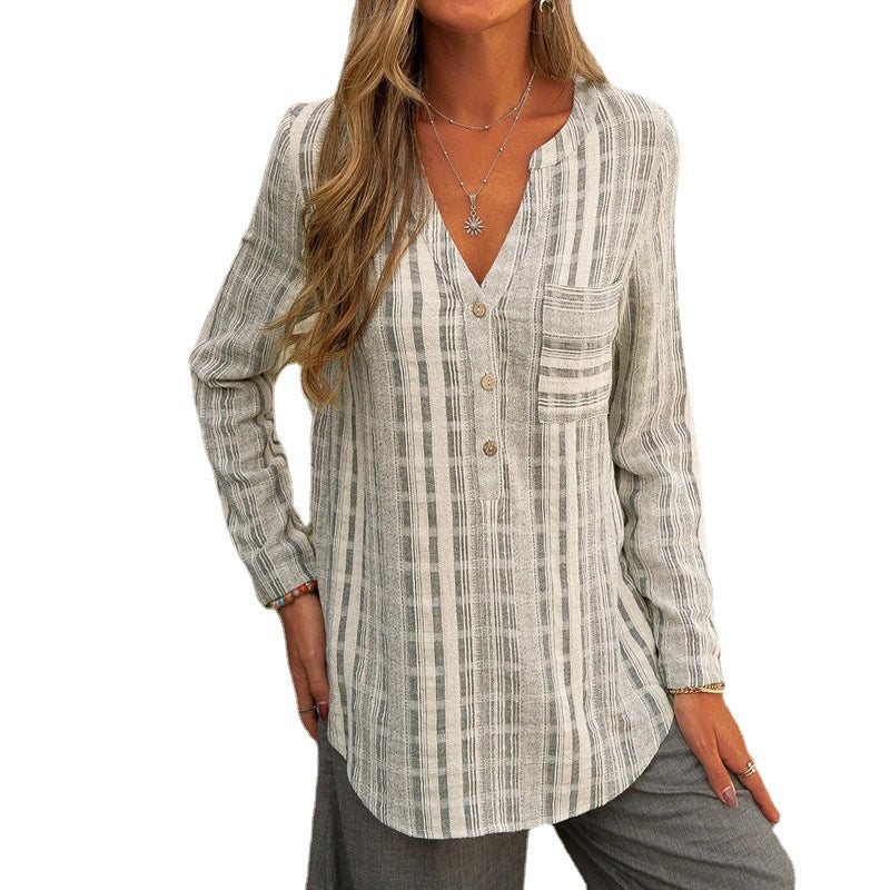 Striped Casual V-Neck Long Sleeve Shirt