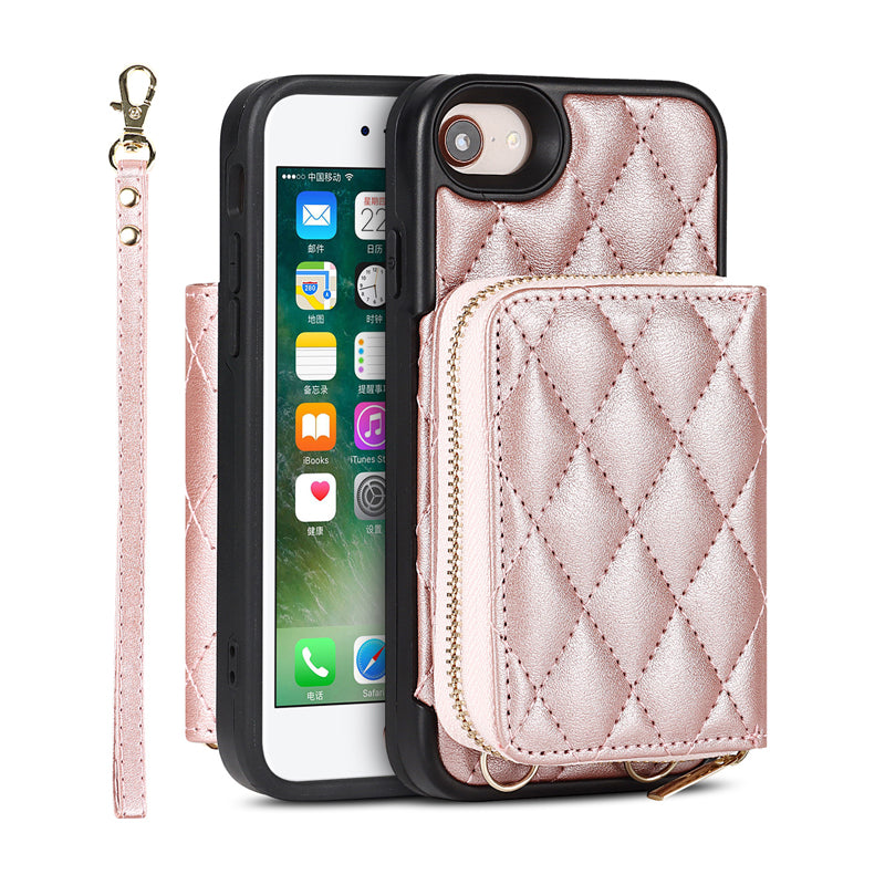 iPhone Phone Case Quilted Leather Wallet Case Card Holder with Crossbody Strap