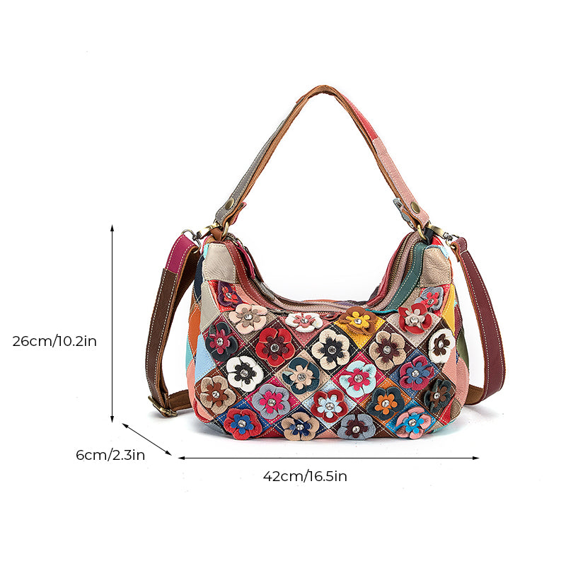 Multi-Color Floral Genuine Leather Boston Bag
