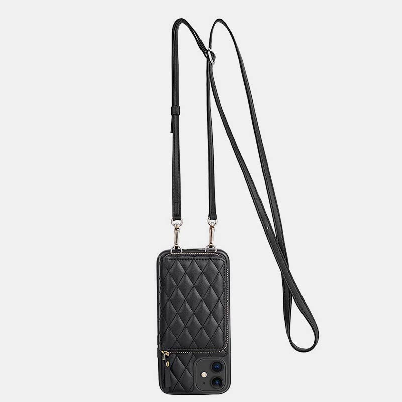 iPhone Phone Case Quilted Leather Wallet Case Card Holder with Crossbody Strap