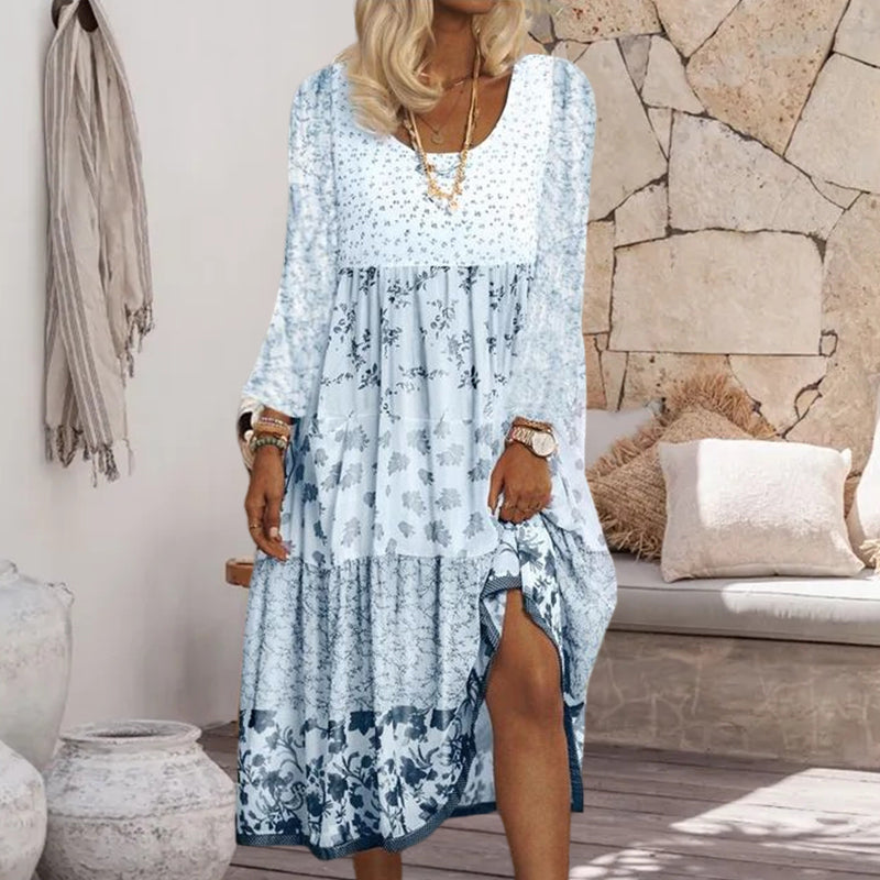 Casual Floral Print Short Sleeve Crew Neck Midi Dress