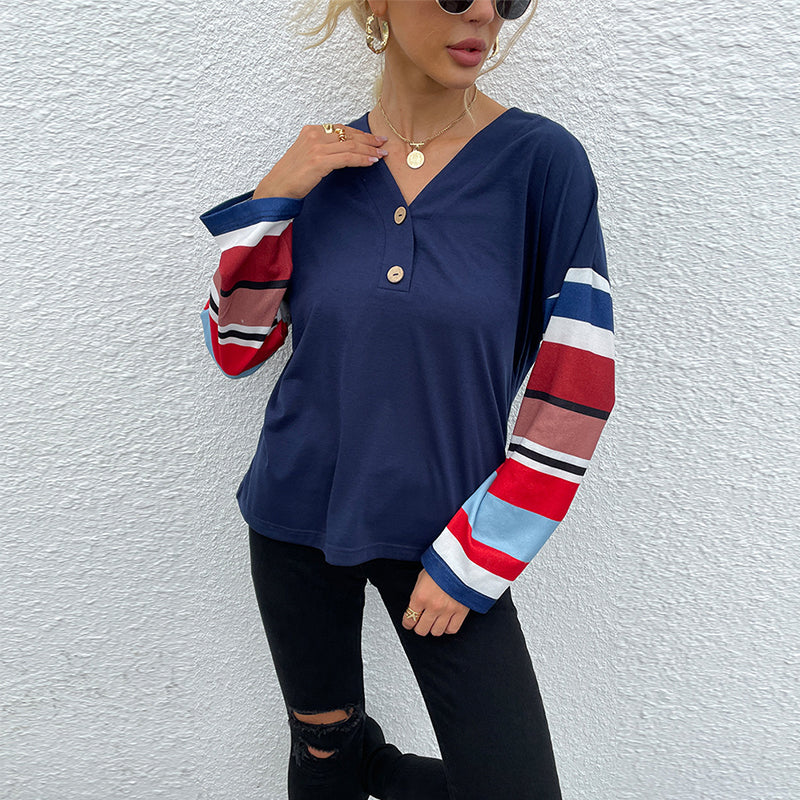 V-Neck Striped Sleeve Top