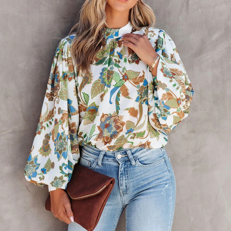 Stand Collar Balloon Sleeve Shirt
