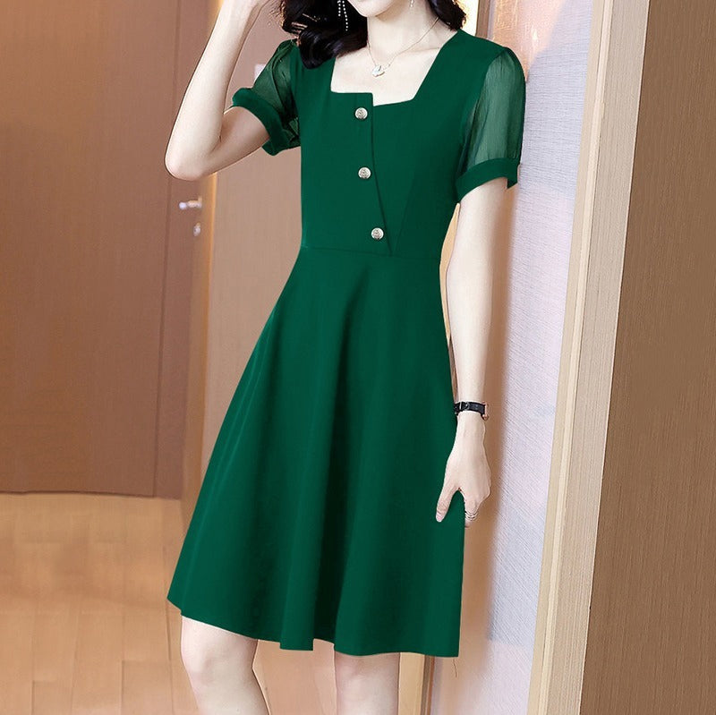 Square Neck Mesh Short Sleeve Dress