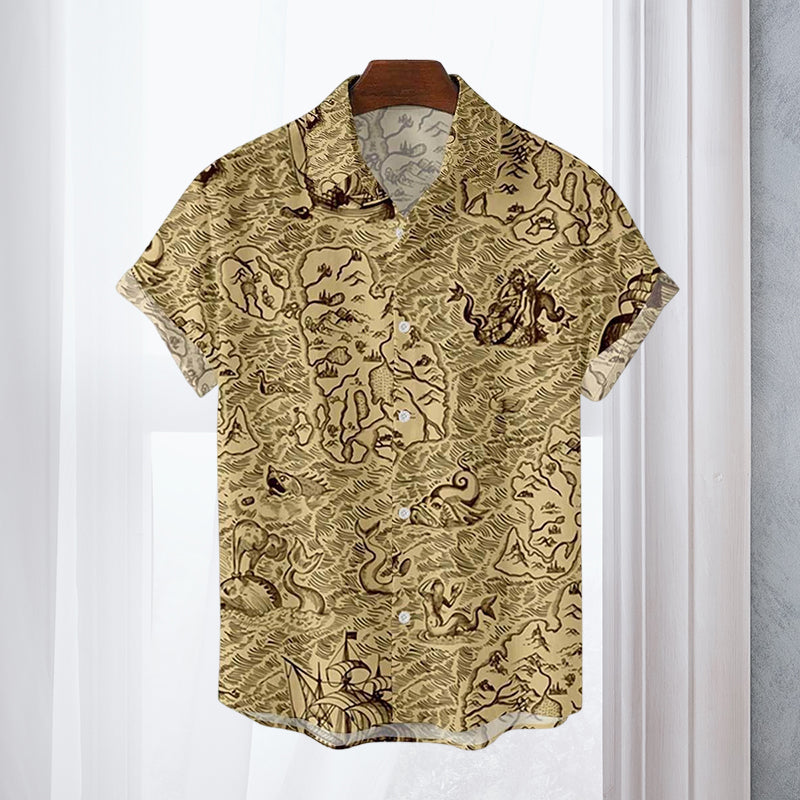 Men's Casual Vintage Map Printed Large Shirt