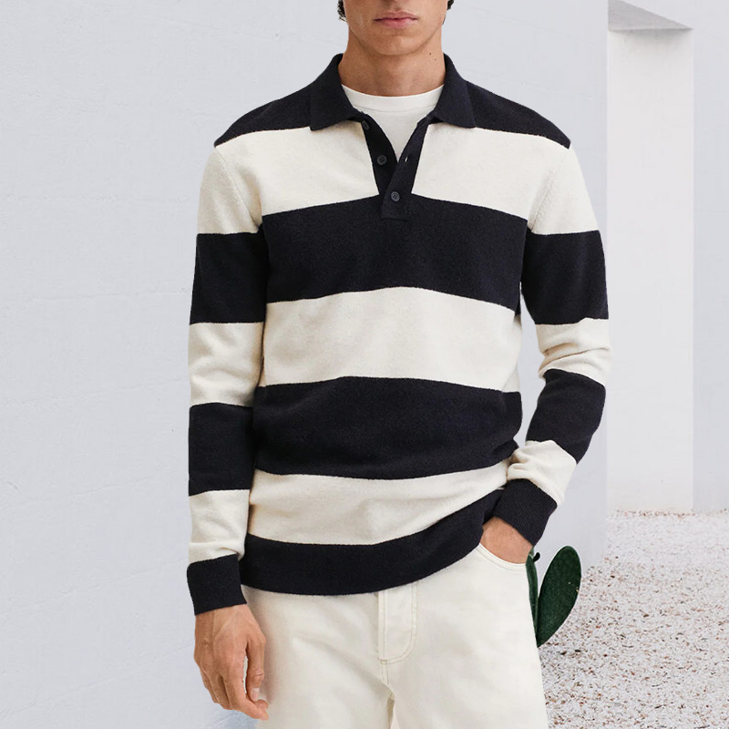 Lapel Half Button Contrast Striped Casual Pullover