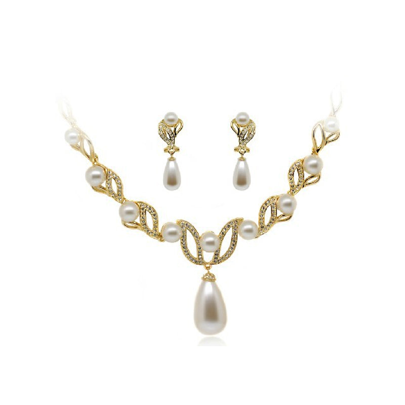 Crystal Diamond Pearl Necklace and Earring Set