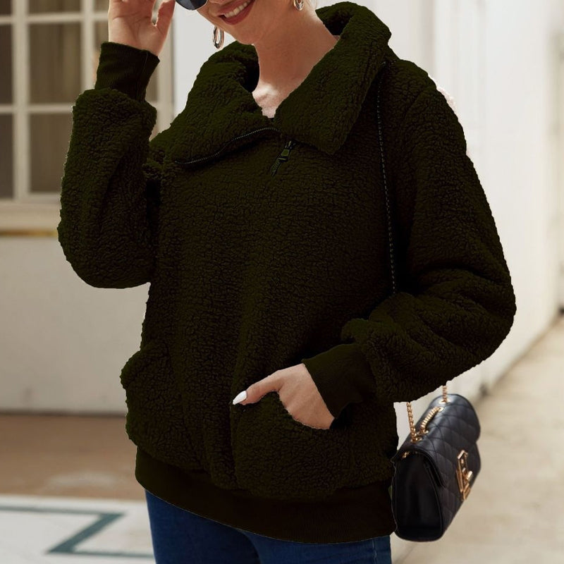 Lamb Fleece Asymmetric Lapel Pullover Solid Color Thickened Sweater