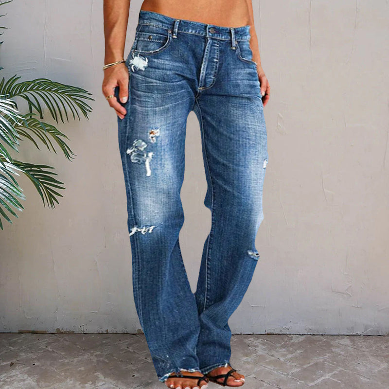 Ripped Low Waist Straight Leg Jeans