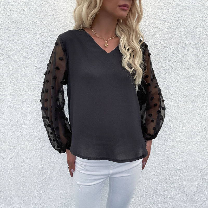 V-neck Long-sleeved Lace Chiffon Shirt