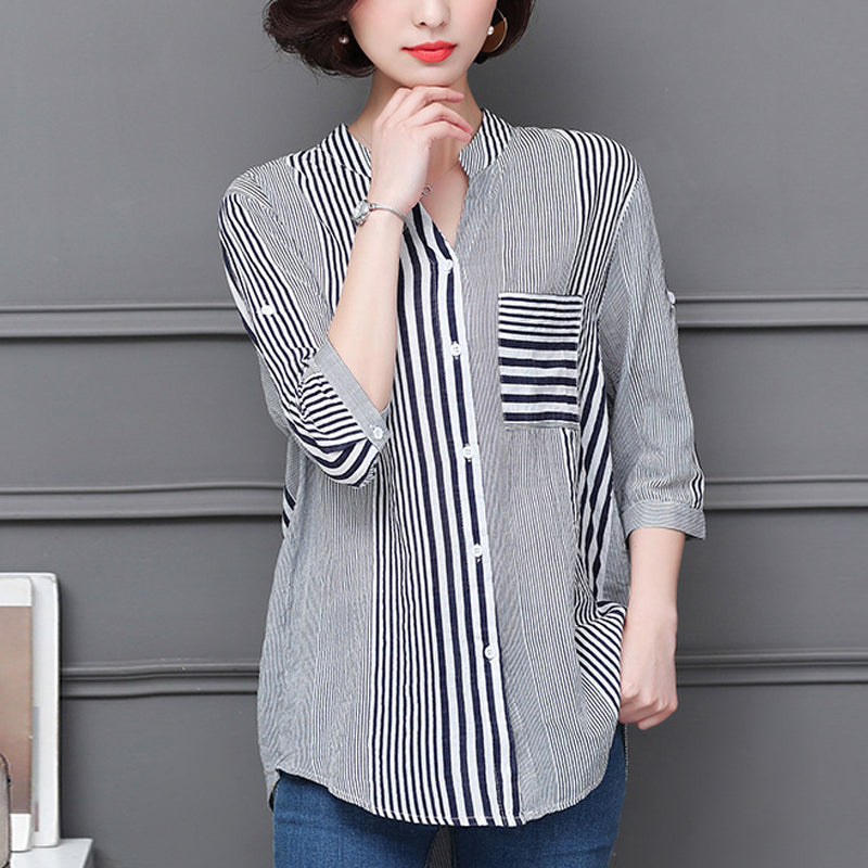 Stripe Print Stand Collar 3/4 Sleeves Blouse
