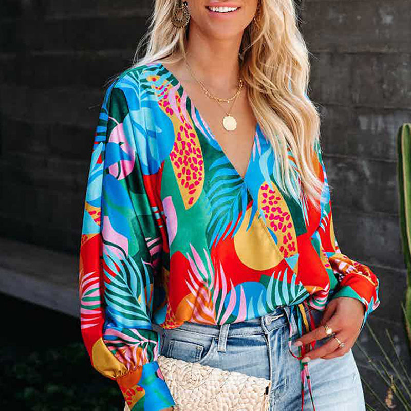 Printed V-Neck Long Sleeve Loose Casual Shirt