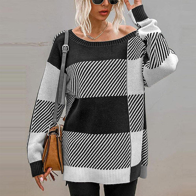 Plaid Contrast Knit Sweater