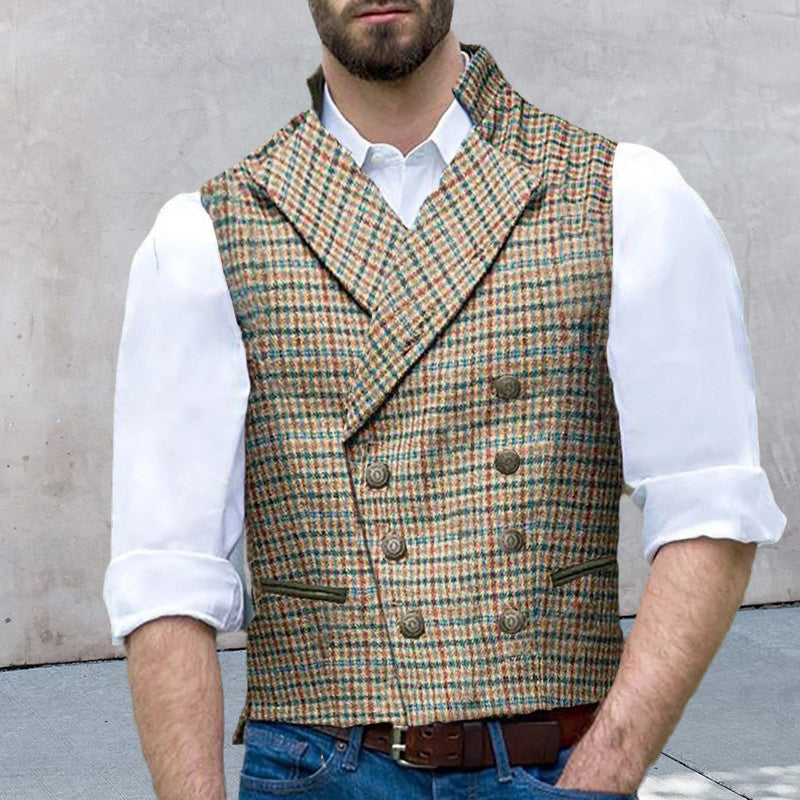 Check Double-Breasted Suit Collar Slim Cargo Vest