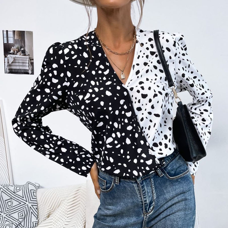 Stone Pattern V-Neck Long Sleeve Shirt