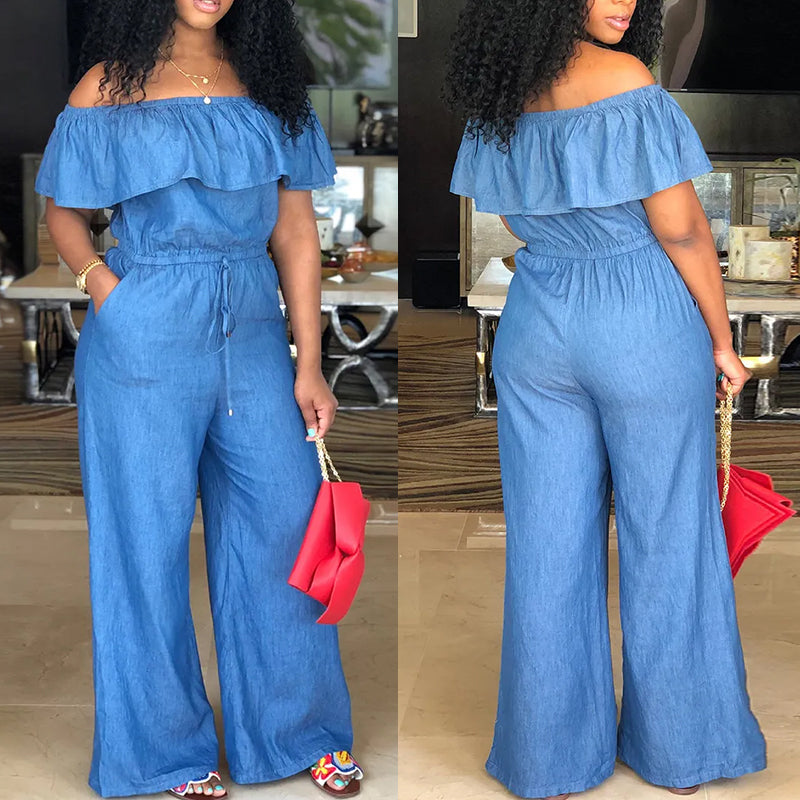 Foldover Ruffle Trim Drawstring Denim Jumpsuit