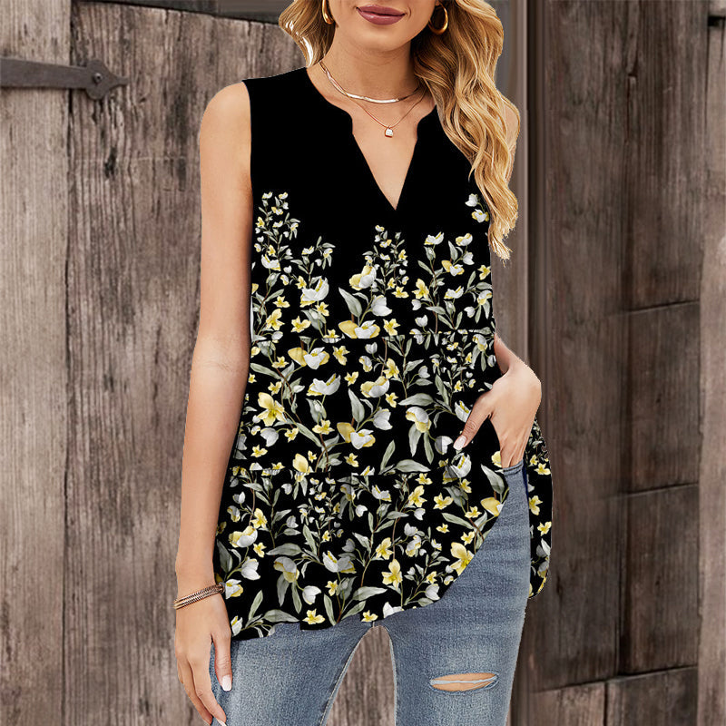 Loose Sleeveless Printed V-neck T-shirt