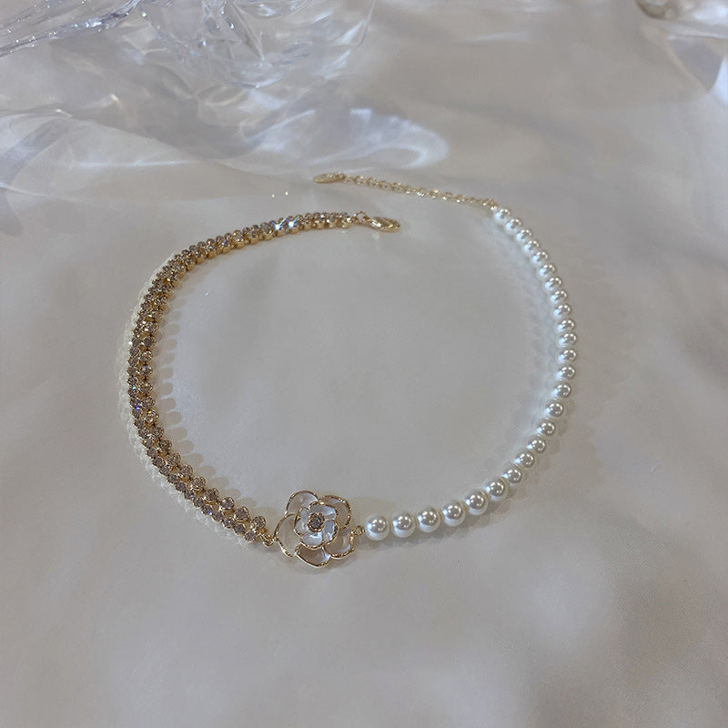 Sparkling Diamond Flower Pearl Necklace